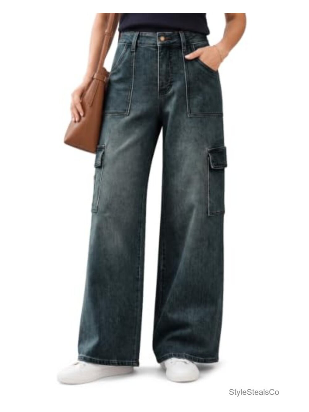 High Waisted Stretch Wide Leg Cargo Jeans Straight Leg Denim Pants